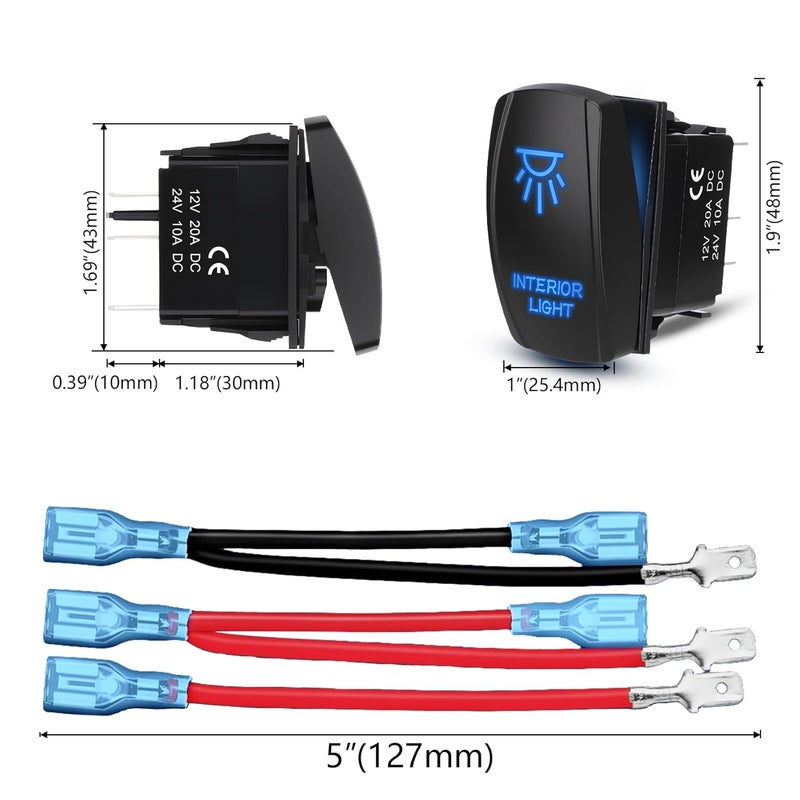 Weasch Interior Light Rocker Switch, On Off SPST 5 Pin Latching Switch, 20A 12V 10A 24V, with Jumper Wires for Car Boat Truck Trailer, Blue - Image 5